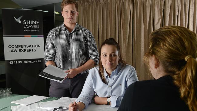 Shine Lawyers Lachlan Brimblecombe and Julia Younger meeting with members of the Katherine community to discuss a PFAS class action in 2018. Picture: Patrina Malone