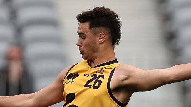 PERTH, AUSTRALIA - JUNE 23: Kayle Gerreyn of Western Australia in action during the Marsh AFL National Championships match between U18 Boys Western Australia and Victoria Metro at Optus Stadium on June 23, 2024 in Perth, Australia. (Photo by Paul Kane/AFL Photos/via Getty Images)