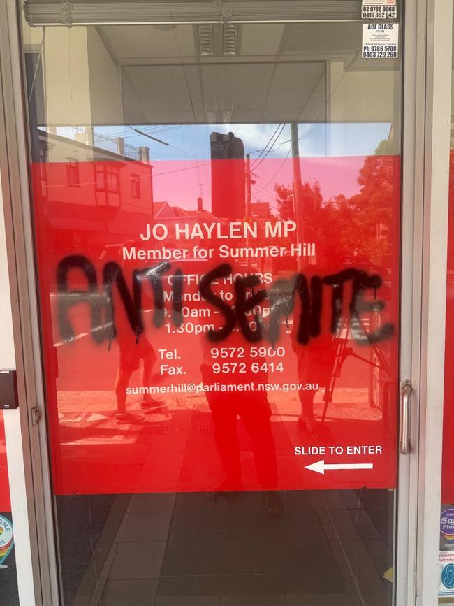 NSW Transport Minister Jo Haylens office has been targeted in a graffiti attack in Marrickville today. Pic Supplied.