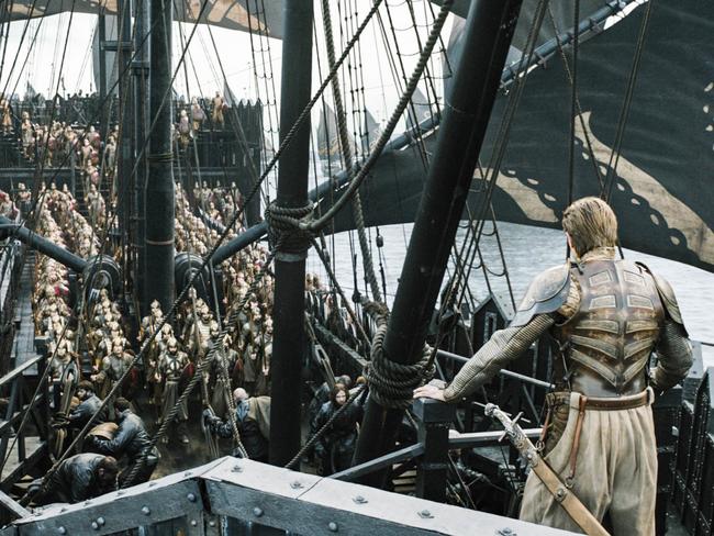 The golden company gathers in a fleet off Kings Landing in episode one of season 8 of Game Of Thrones. Picture: HBO/Foxtel