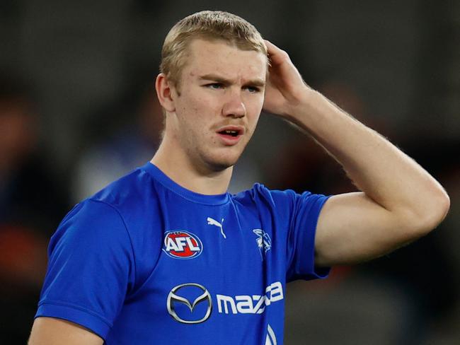 MELBOURNE, AUSTRALIA - JULY 31: Jason Horne-Francis of the Kangaroos is seen during the 2022 AFL Round 20 match between the Essendon Bombers at the North Melbourne Kangaroos at Marvel Stadium on July 31, 2022 in Melbourne, Australia. (Photo by Michael Willson/AFL Photos via Getty Images)