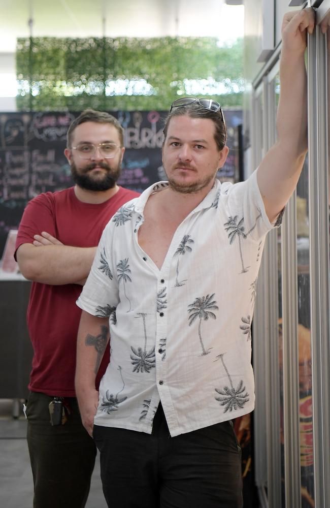 Porkin Small Goods and Coffee co-owners Manfred Mletsin and Ryan Hamilton are calling for more security at their business in Nightcliff. Picture: (A)manda Parkinson