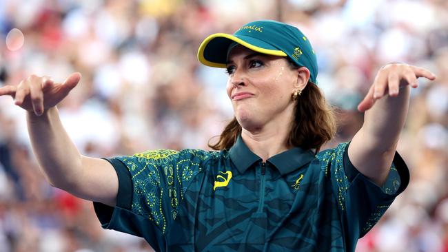 PARIS, FRANCE - AUGUST 09: B-Girl Raygun of Team Australia  reacts during the B-Girls Round Robin - Group B on day fourteen of the Olympic Games Paris 2024 at Place de la Concorde on August 09, 2024 in Paris, France. (Photo by Elsa/Getty Images)