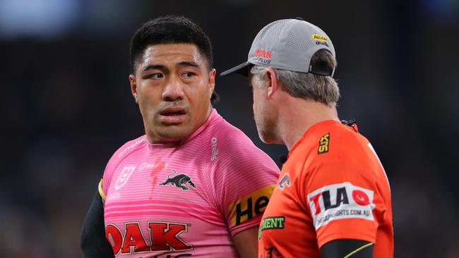 Panthers players weren’t happy with what Waerea-Hargreaves said after his elbow forced Moses Leota from the field. Picture; Jeremy Ng/Getty Images