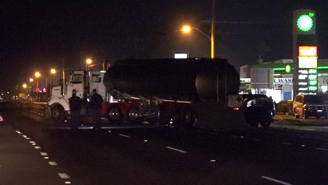 The group’s car slammed into a fuel tanker. Picture: TNV