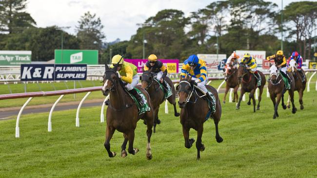 Toucan Sam and jockey Baylee Nothdurft (front) win race one at Clifford Park, Sunday, May 31, 2020. Picture: Kevin Farmer