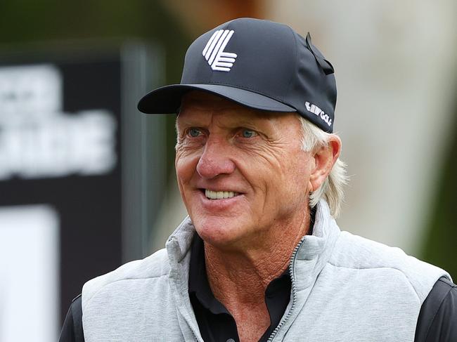 ADELAIDE, AUSTRALIA - APRIL 26: Greg Norman greets fans on the 4th tee during LIV Adelaide at The Grange Golf Club on April 26, 2024 in Adelaide, Australia. (Photo by Sarah Reed/Getty Images)