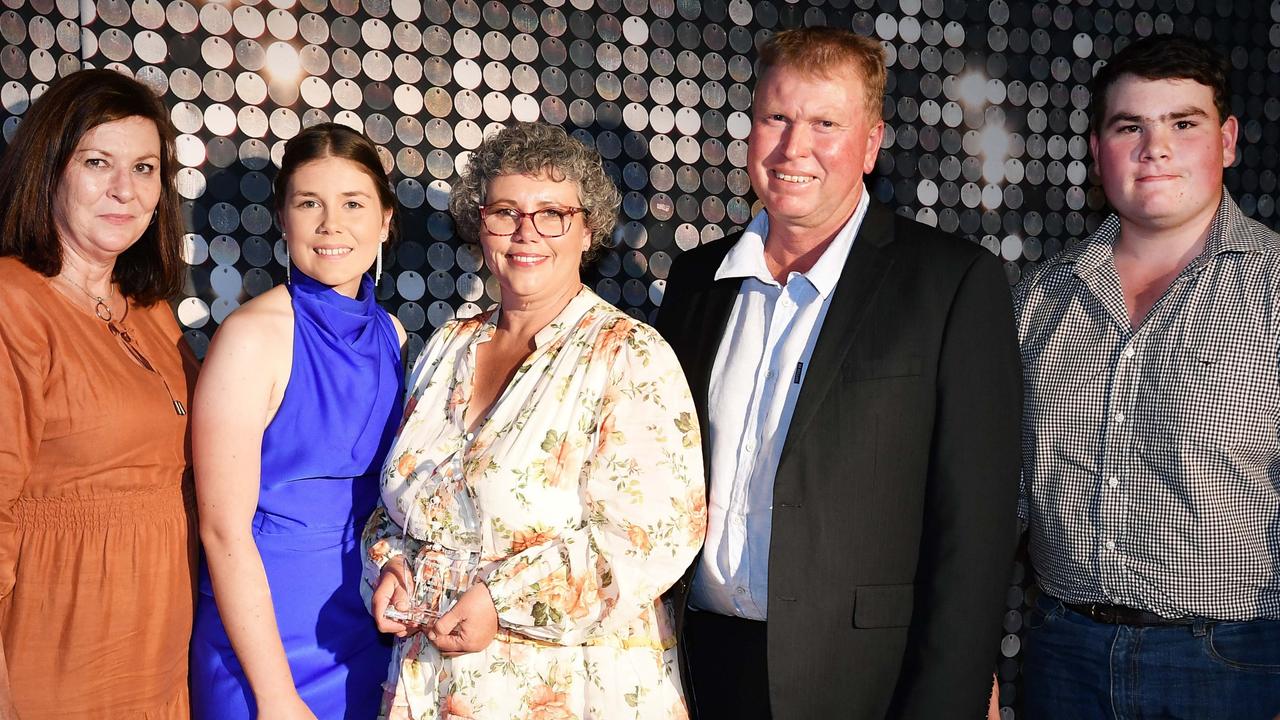 Natalie and Garry Wheeler (third and fourth from left), winner Food and Agri Business of the Year, at the Gympie Chamber of Commerce Business Awards. Sponsor Gympie Times represented by Shelley Strachan editor (far left). Picture: Patrick Woods