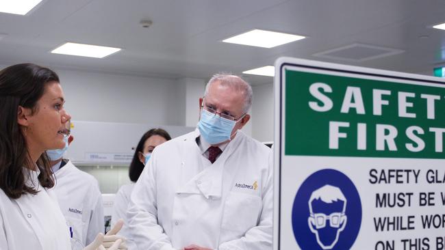 Prime Minister Scott Morrison meets with team member Savannah Alegre, Specialist Team Lead of the Microbiology Laboratory at AstraZeneca on August 19, 2020 in Sydney Photo by Lisa Maree Williams