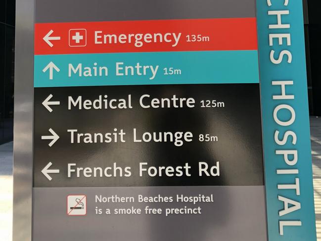 Entrance sign to Northern Beaches Hospital in Frenchs Forest. Picture: Julie Cross.