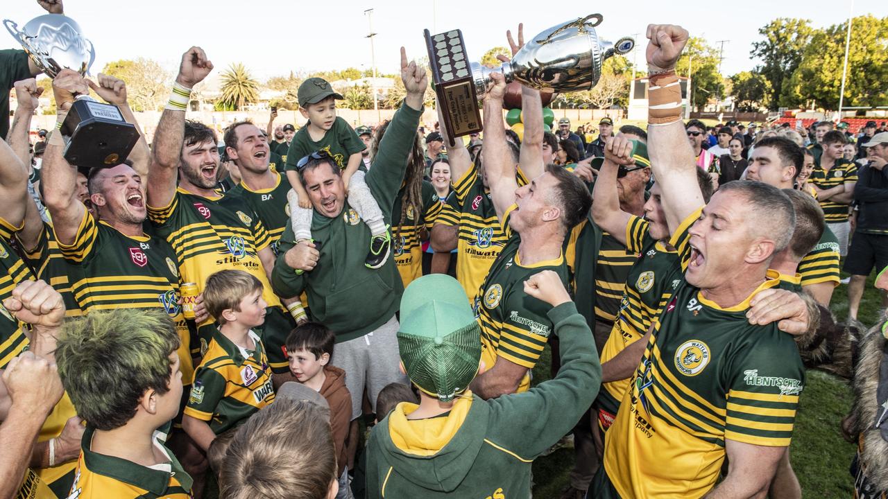 Wattles celebrate their win. Wattles vs Gatton. TRL Hutchinson Builders A Grade final. Sunday, September 18, 2022. Picture: Nev Madsen.