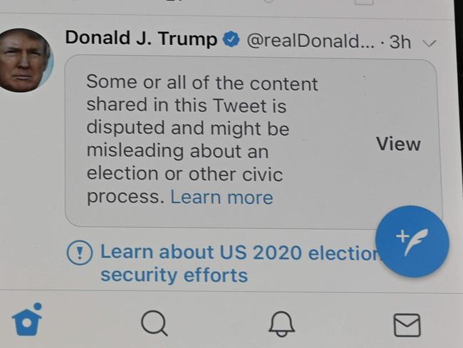 One of many warnings placed on Donald Trump’s tweets. Picture: Robyn Beck/AFP