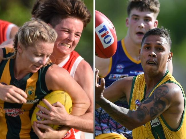 Isabella Rapson of Waratah tackles Cassie Henderson of PINT while Nick Yarran of St Mary's runs with the ball against Wanderers' Brodie Newman. Picture: Tymunna Clements, Felicity Elliott / AFLNT Media