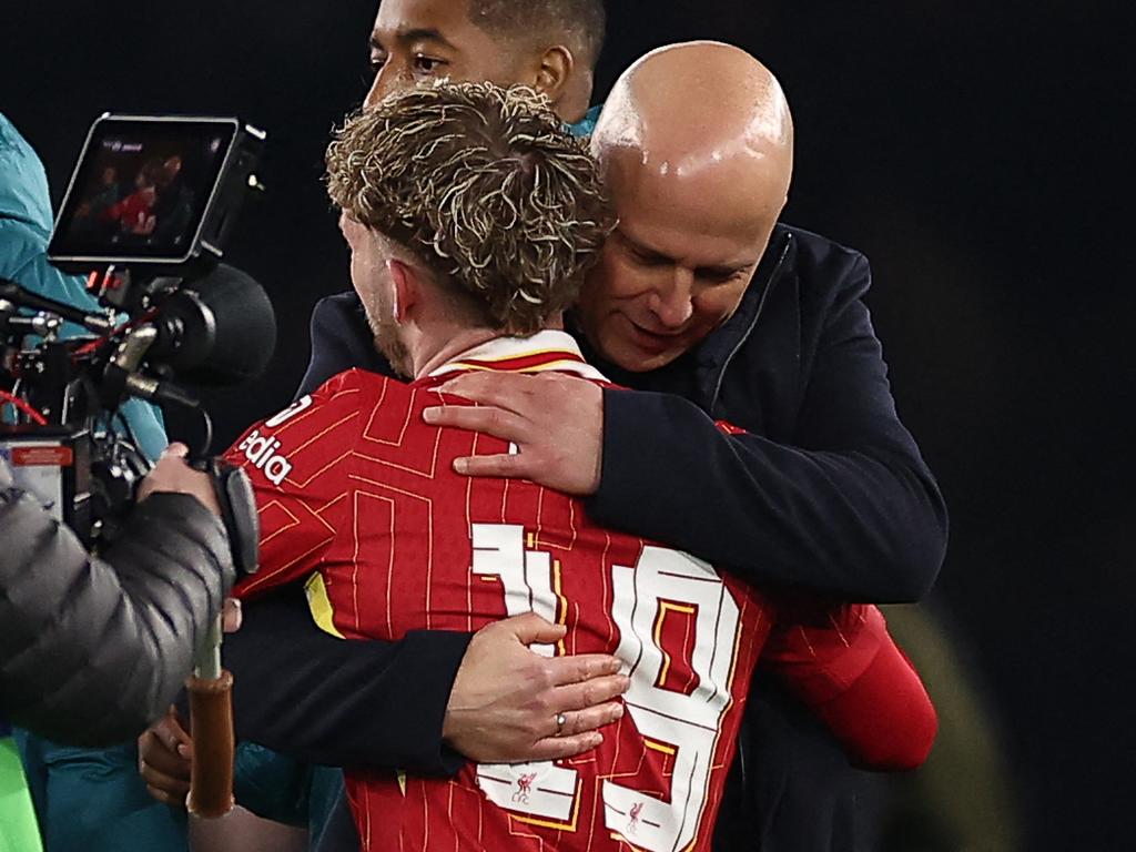 Harvey Elliott celebrates with Liverpool coach Arne Slot after the win. Picture: AFP