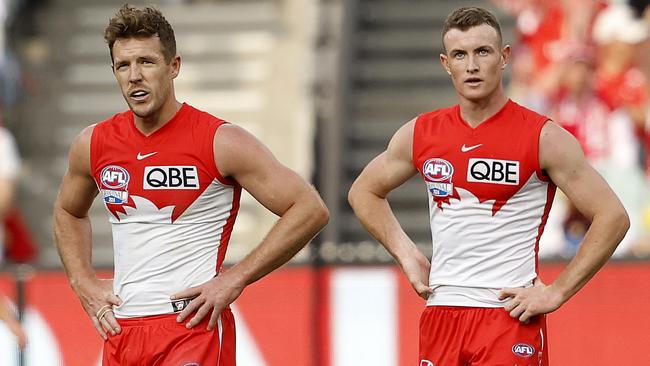 Sydney's Luke Parker and Chad Warner look on after a Lions goal during the 2024 AFL Grand Final between the Sydney Swans and Brisbane Lions at the MCG on September 28, 2024. Photo by Phil Hillyard(Image Supplied for Editorial Use only - **NO ON SALES** - Â©Phil Hillyard )