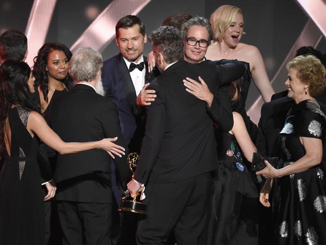 The cast and crew from Game of Thrones accept the award for outstanding drama series. Picture: AP