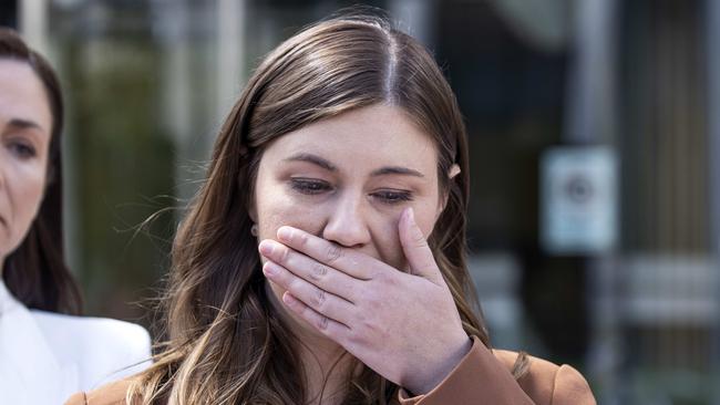 An upset Brittany Higgins outside court after ACT Supreme Court Chief Justice Lucy McCallum aborted the trial on October 27. Picture: NCA NewsWire / Gary Ramage