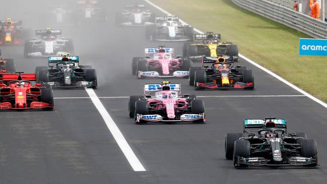 Mercedes driver Hamilton leads at the start of the race. Picture: AFP