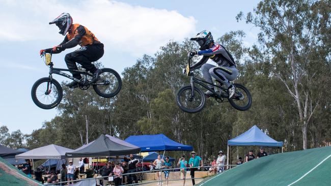 Spectacular aerial action from the Queensland BMX championships at Ipswich's Willey Park circuit. Picture: Gary Reid