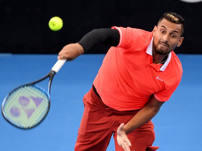 Nick Kyrgios of Australia plays a shot during his second round match against Jeremy Chardy of France at the Brisbane International tennis tournament at the Queensland Tennis Centre in Brisbane, Wednesday, January 2, 2019. (AAP Image/Dan Peled) NO ARCHIVING, EDITORIAL USE ONLY