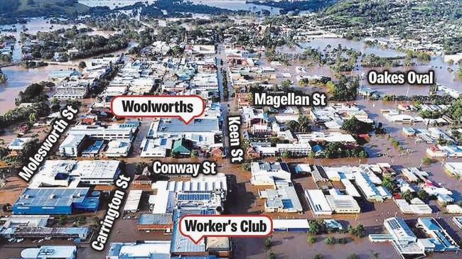 UNDER WATER: Lismore streets and shops engulfed by the raging Wilsons River at the height of the flood. Picture: contrib