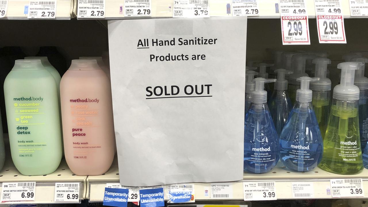 Hand sanitiser is selling out amid the coronavirus outbreak. Picture: Ted S. Warren/AP