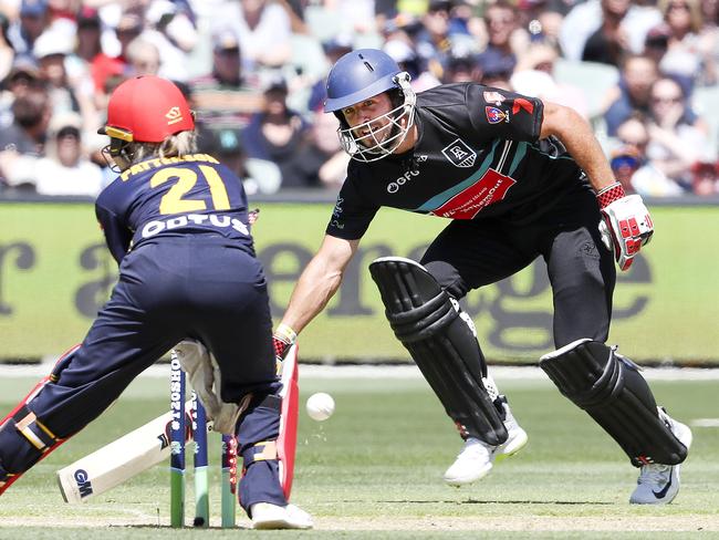 T20 Showdown - Port v Crows at the Adelaide Oval. Arch AFL rivals play a T20 cricket for Bushfire Charities. Travis Boak gets run out on 44 runs by Bridget Patterson off the bowling of Rashid Khan  Picture SARAH REEDT