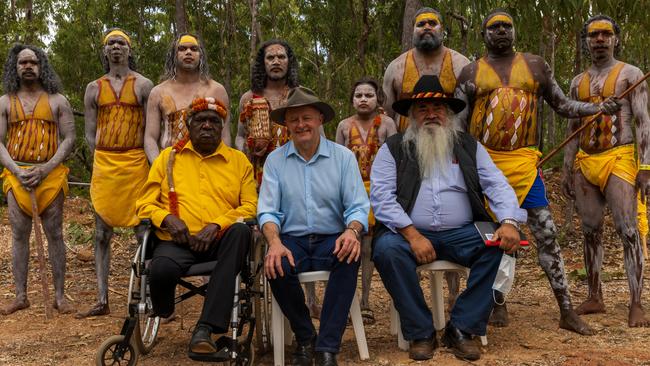 Prime Minister Anthony Albanese with Senator Patrick Dodson, Galarrwuy Yunupingu and Yolngu people during the recent Garma Festival, where he announced the proposal of The Aboriginal and Torres Strait Islander Voice to the constitution. Picture: Tamati Smith/Getty.