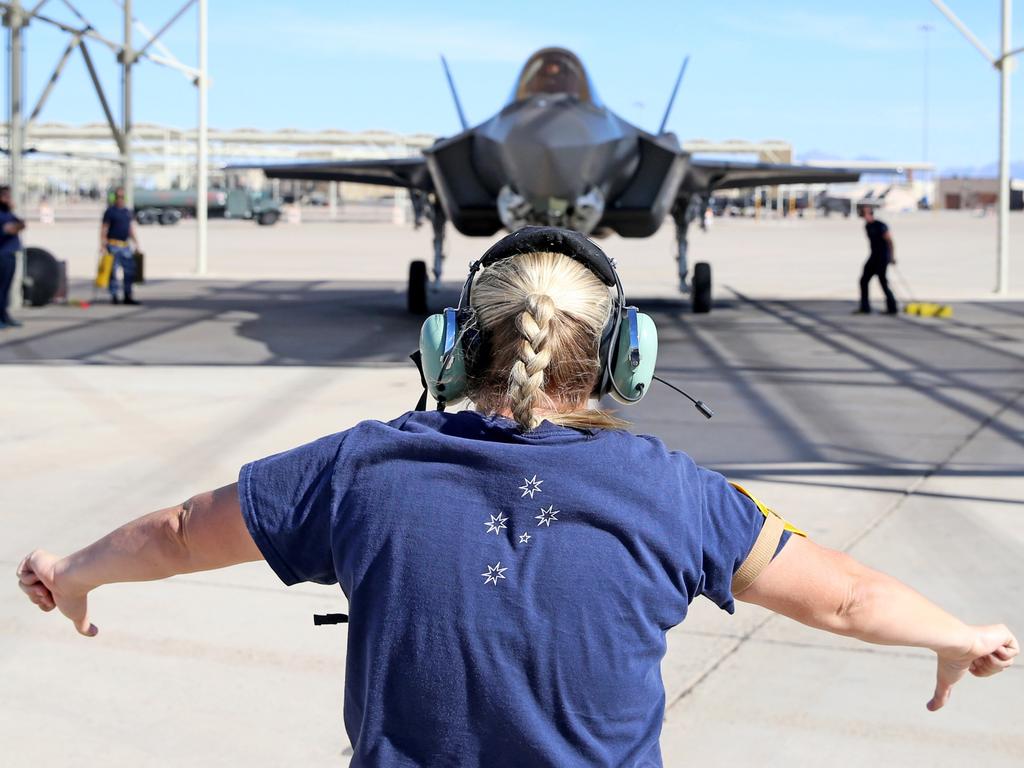 Australian Pilots training in the F35 fighter Jets Luke Airforce Base in Phoenix Arizona. Corp Lorna Hill, RAAF maintenance ground crew. Picture: Nathan Edwards