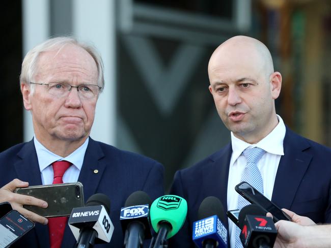 Peter Beattie (ARL Chairman) and Todd Greenberg (NRL CEO) talk at a press conference in regards to the De Belin Judgement at Rugby League HQ, Moore Park, Sydney, 17th May 2019.Picture by Damian Shaw