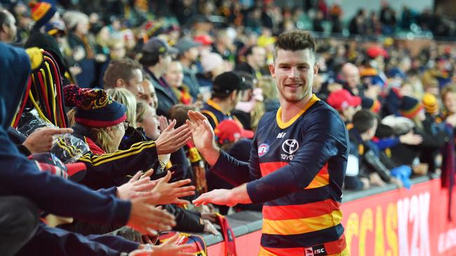 Bryce Gibbs is all smiles after the Crows get up in his 250th AFL game. Picture: AAP Image/David Mariuz