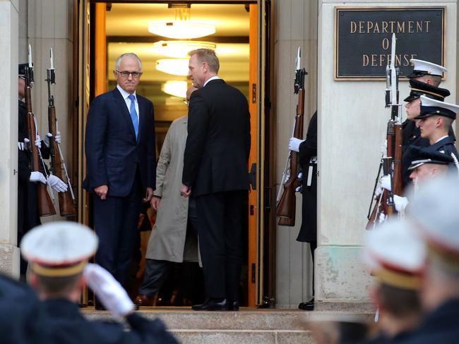 Australian Prime Minister Malcolm Turnbull arrives at The Pentagon to a ceremonial welcome in Washington DC. Picture: Nathan Edwards