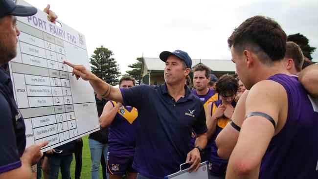 Port Fairy coach Dustin McCorkell addresses his players in their most recent match against Koroit. Picture: Martina Murrihy