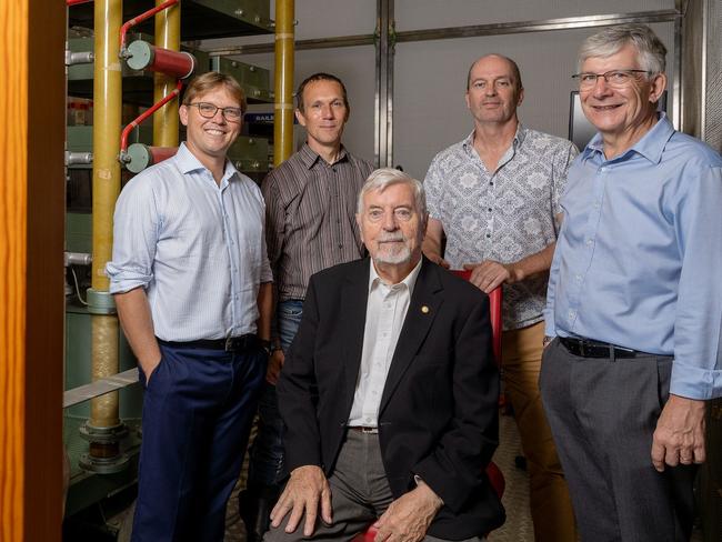 Laser fusion pioneer Prof Heinrich Hora (centre) with (from left) HB11 co-founder Dr Warren McKenzie, Macquarie University and UNSW collaborators and Alex Fuerbach and Prof Francois Ladouceur, HB11 Energy Director and former ANSTO CEO Dr Adi Paterson. Picture: Supplied