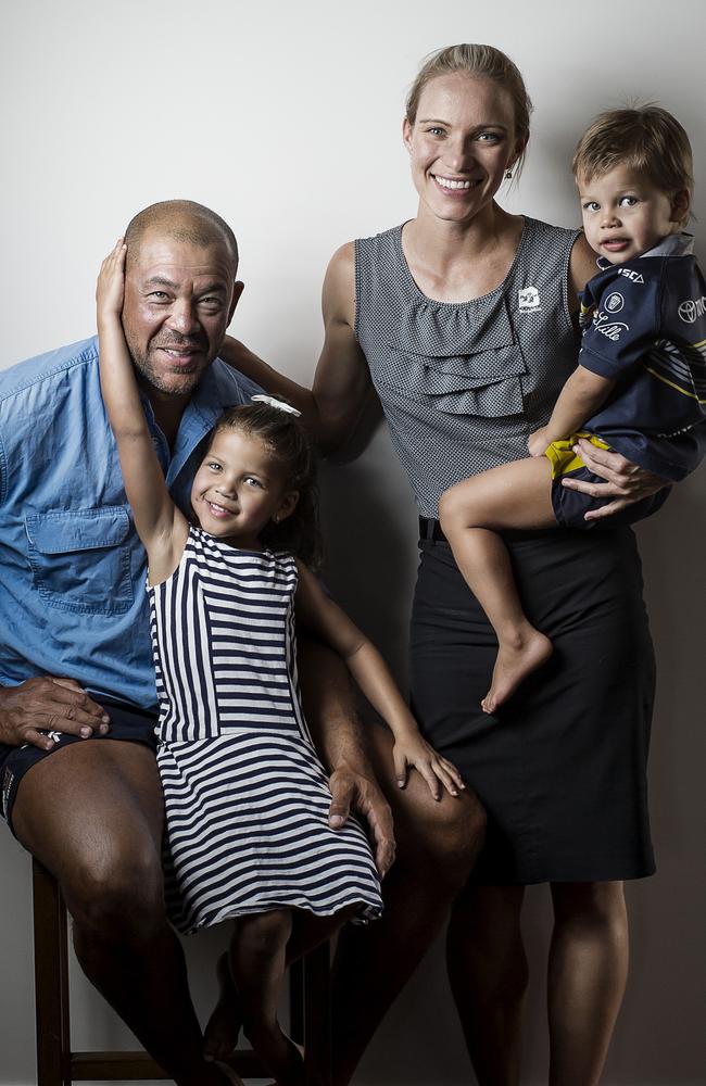 Andrew Symonds at home in Townsville in 2016 with wife Laura and children Chloe, 4 and Billy, 2. Picture: Mark Cranitch