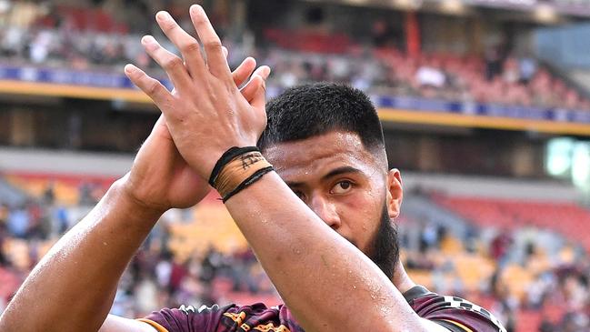 Payne Haas celebrates a victory for the Broncos. Picture: Bradley Kanaris/Getty Images