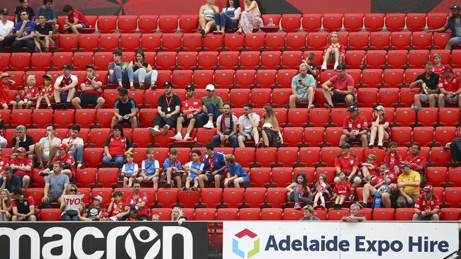 Calling Adelaide United fans — where are you? Empty seats were evident at the Reds’ game against Newcastle Jets at Coopers Stadium this season. Picture Sarah Reed