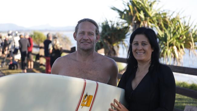 Nick Gibbs and Magira Holmes attended a paddle-out in protest against Netflix's planned reality show, Byron Baes, on Tuesday, April 20, 2021. Picture: Liana Boss