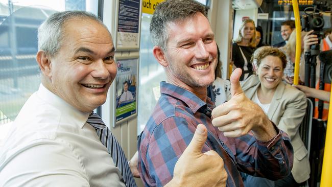 Mayor Tom Tate, Mark Bailey and Deputy Premier of Queensland Jackie Trad riding the light rail from Helensvale to Surfers Paradise. Picture: Jerad Williams.