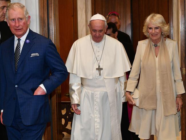 Pope Francis welcomed the then Prince Charles and his wife Camilla for a visit in 2017. Picture: AFP