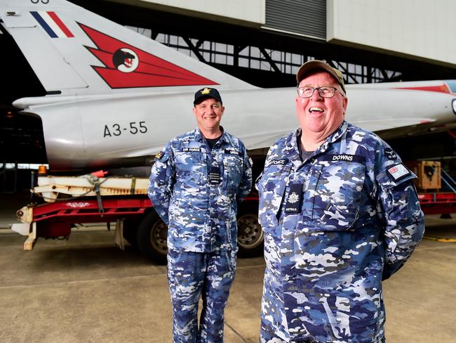 Two restored Royal Australian Air Force aircraft veterans- a Mirage fighter jet A3-55 and a Winjeel Trainer??? A85-403 - arrived at Townsville RAAF Base. WGCDR Mat Green and WO Mike Downs. Picture: Alix Sweeney