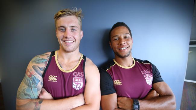 Emerging Maroons players Cameron Munster and Mosses Mbye.