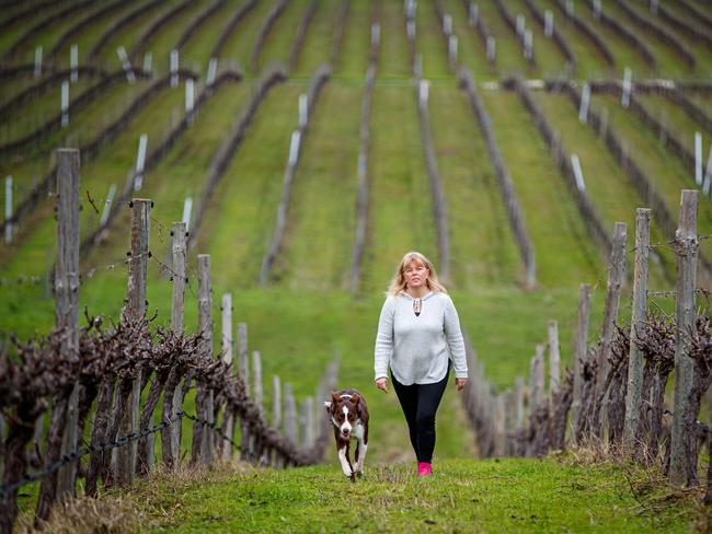 Melissa Brown of Gemtree Wines with her dog Luna at her McLaren Flat winery. Picture: Matt Turner