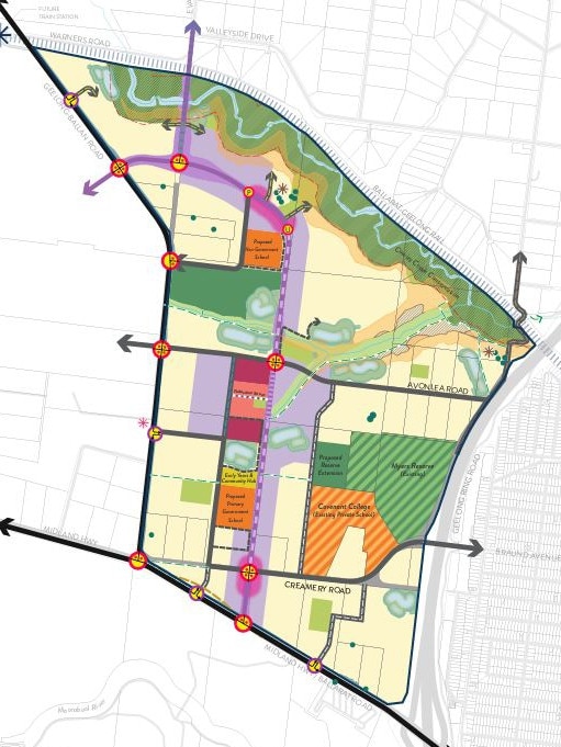 The future urban structure plan for the Creamery Road precinct at Bell Post Hill.