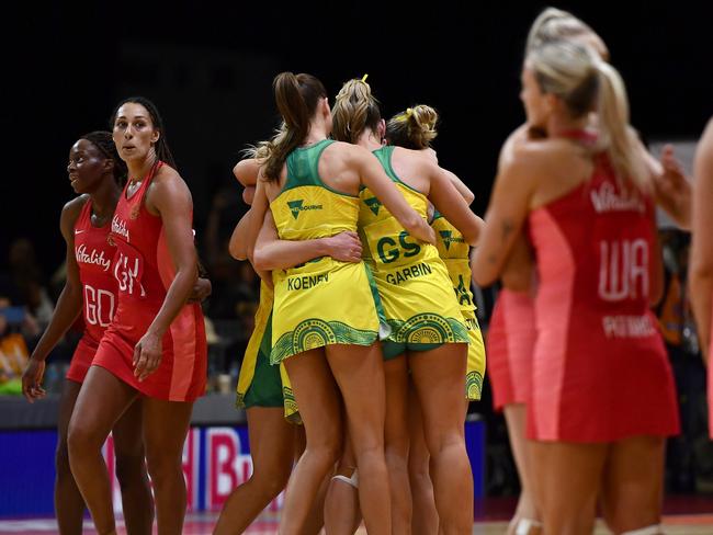 CAPE TOWN, SOUTH AFRICA - AUGUST 06: Australia celebrates winning during the Netball World Cup 2023, final match between England and Australia at Cape Town International Convention Centre, Court 1 on August 06, 2023 in Cape Town, South Africa. (Photo by Ashley Vlotman/Gallo Images/Netball World Cup 2023)