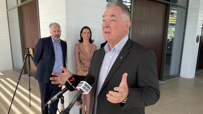 Senator Anthony Chisholm and Townsville Enterprise CEO Claudia Brumme-Smith looks on as State Resources Minister Scott Stewart speaks at a recent mining conference about the industry. Picture: Chris Burns