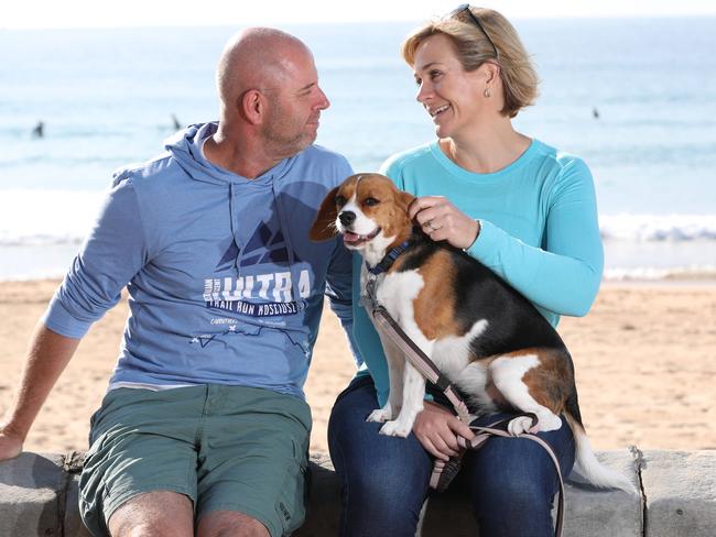 Zali Steggall with her husband Tim Irving and their dog Charli. Picture: Damian Shaw