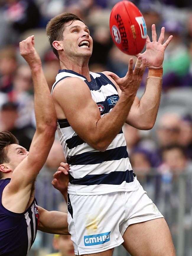 Tom Hawkins taking a mark for the Geelong Cats earlier this month. (Picture: Supplied)