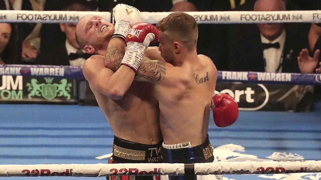 Carl Frampton, right, in action against Luke Jackson during their WBO Interim Featherweight title fight.