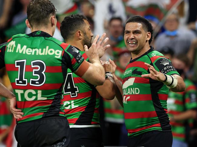 Alex Johnston scores and Cody Walker (right) celebrates during the 2021 NRL Grand Final between the Penrith Panthers and Souths Sydney Rabbitohs at Suncorp Stadium in Brisbane. Pics Adam Head